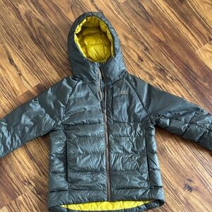 REI Kids' Olive Green Puffer Jacket with Yellow Lining